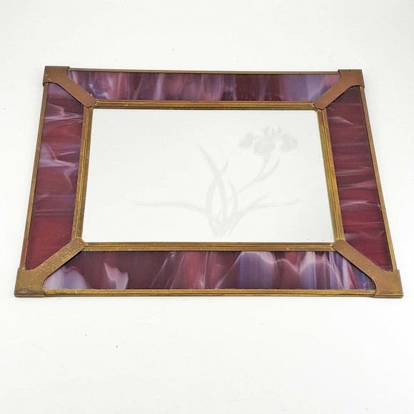 Vintage Pink Swirl Slag Stained Glass Mirror w/ frosted flower & velvet backing - Picture 3 of 4